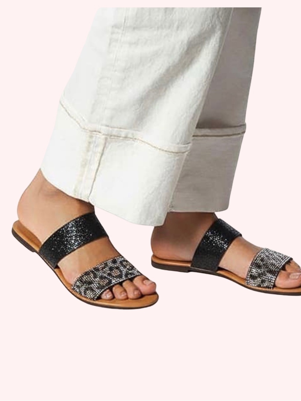 Women’s Black & Leopard Print Shimmer Double-Strap Slide Sandals - Size 6 - Picture 2 of 7